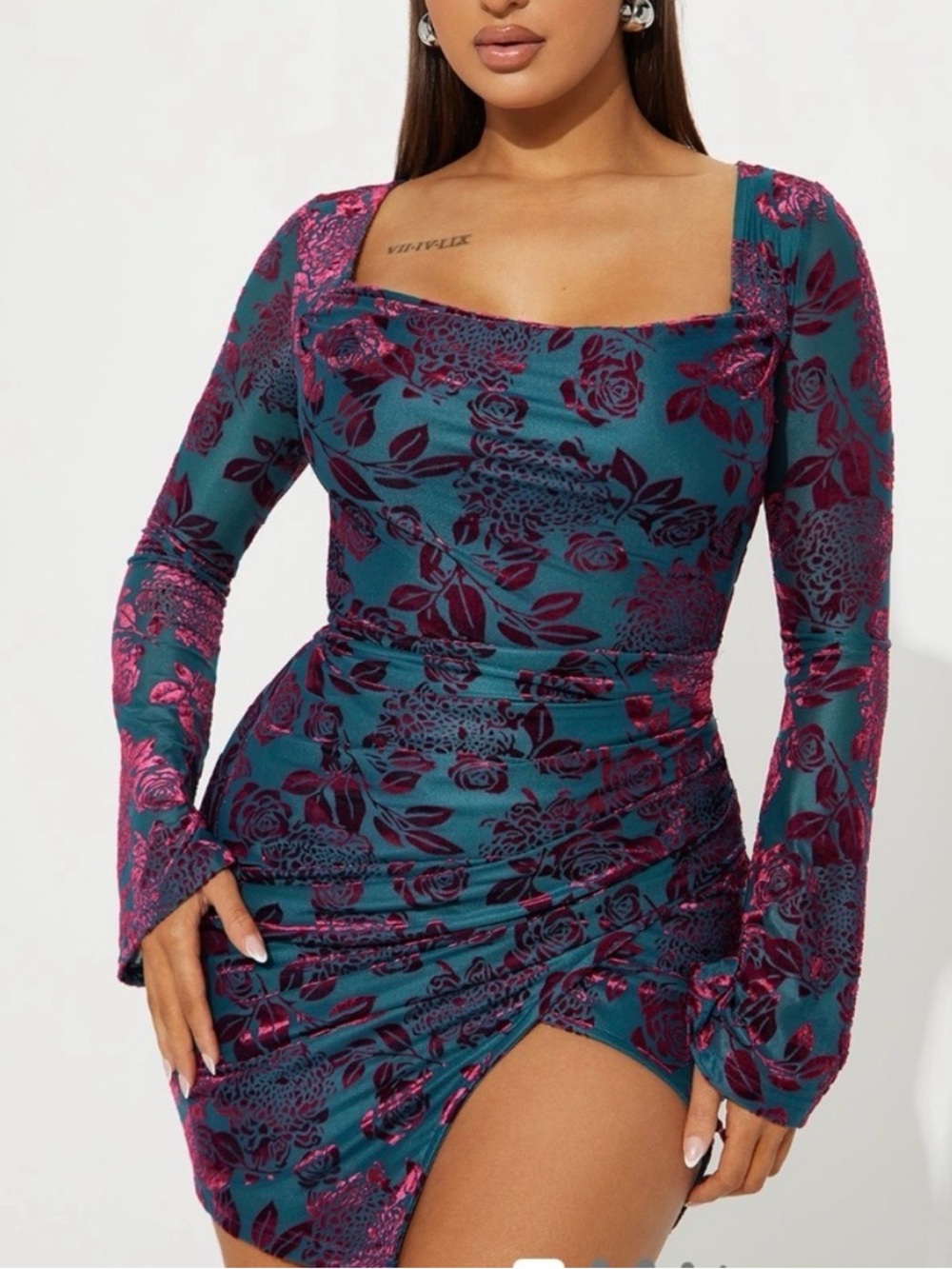 Fashion Nova Teal Dress with Magenta Floral Jacquard